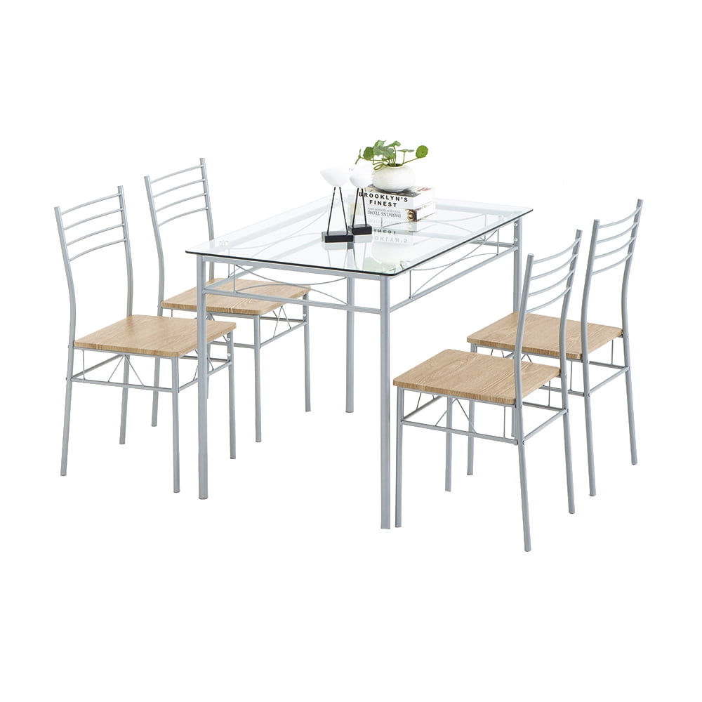 Glass Dining Table Set for 4, Modern Kitchen Table Set with MDF Cushion