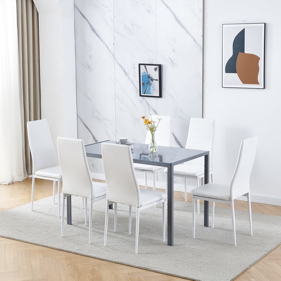Glass Dining Table Set for 6,7-Piece Dining Room Set with Upholstered Chairs, Square Gray Glass Dining Table Set with White PU Leather Chairs Modern Dining Room Sets for Kitchen or Dining Room