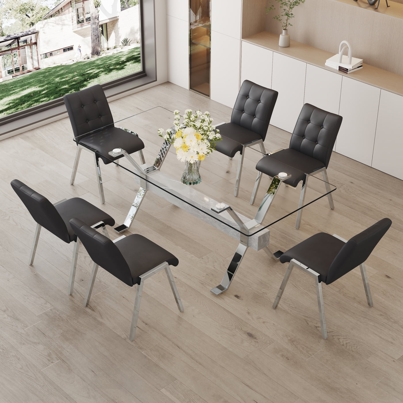 Glass Dining Table Set for 6, Table and Chair Set with 1 Table and 6 ...