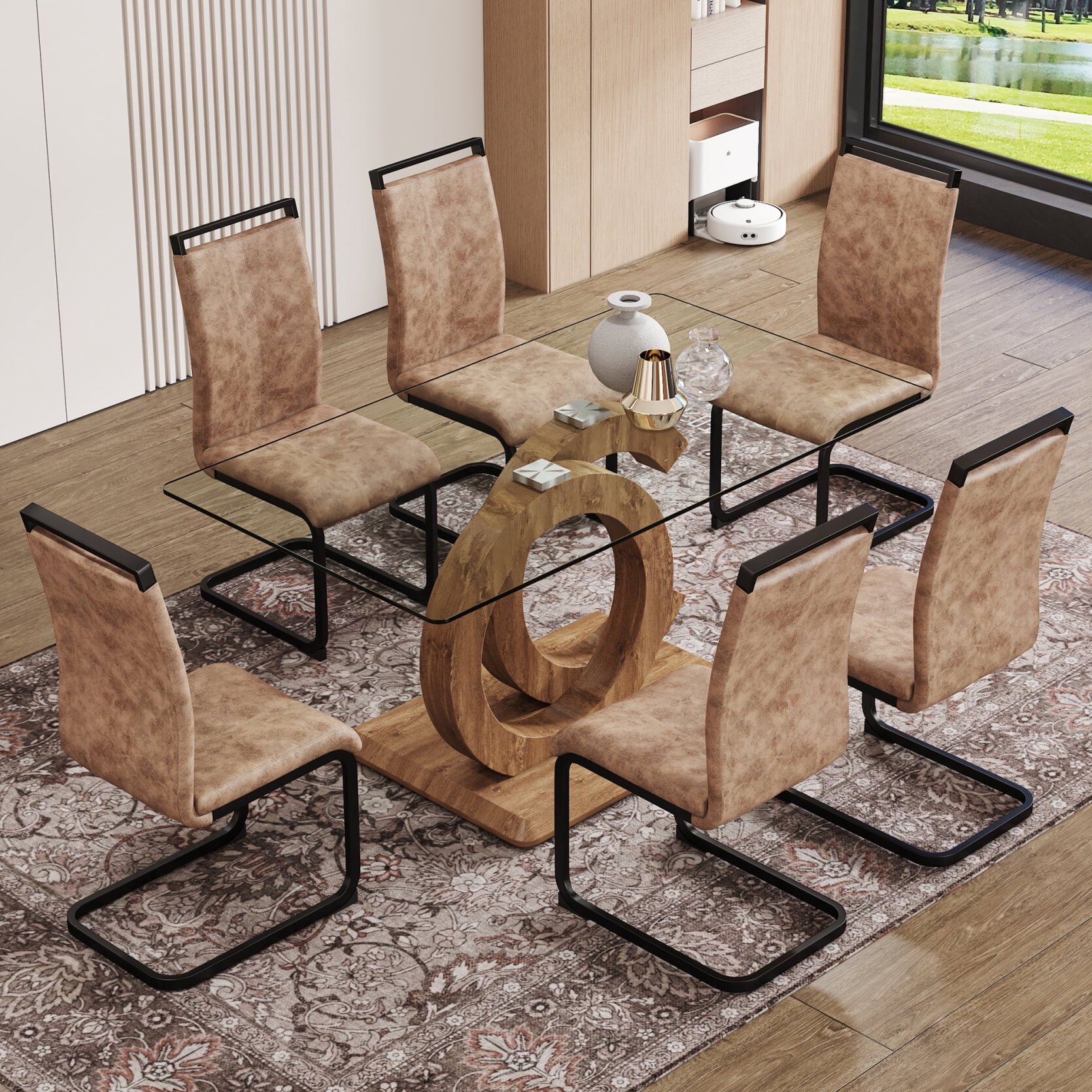 Glass Dining Table Set for 6, Rectangular Transparant Tempered glass ...