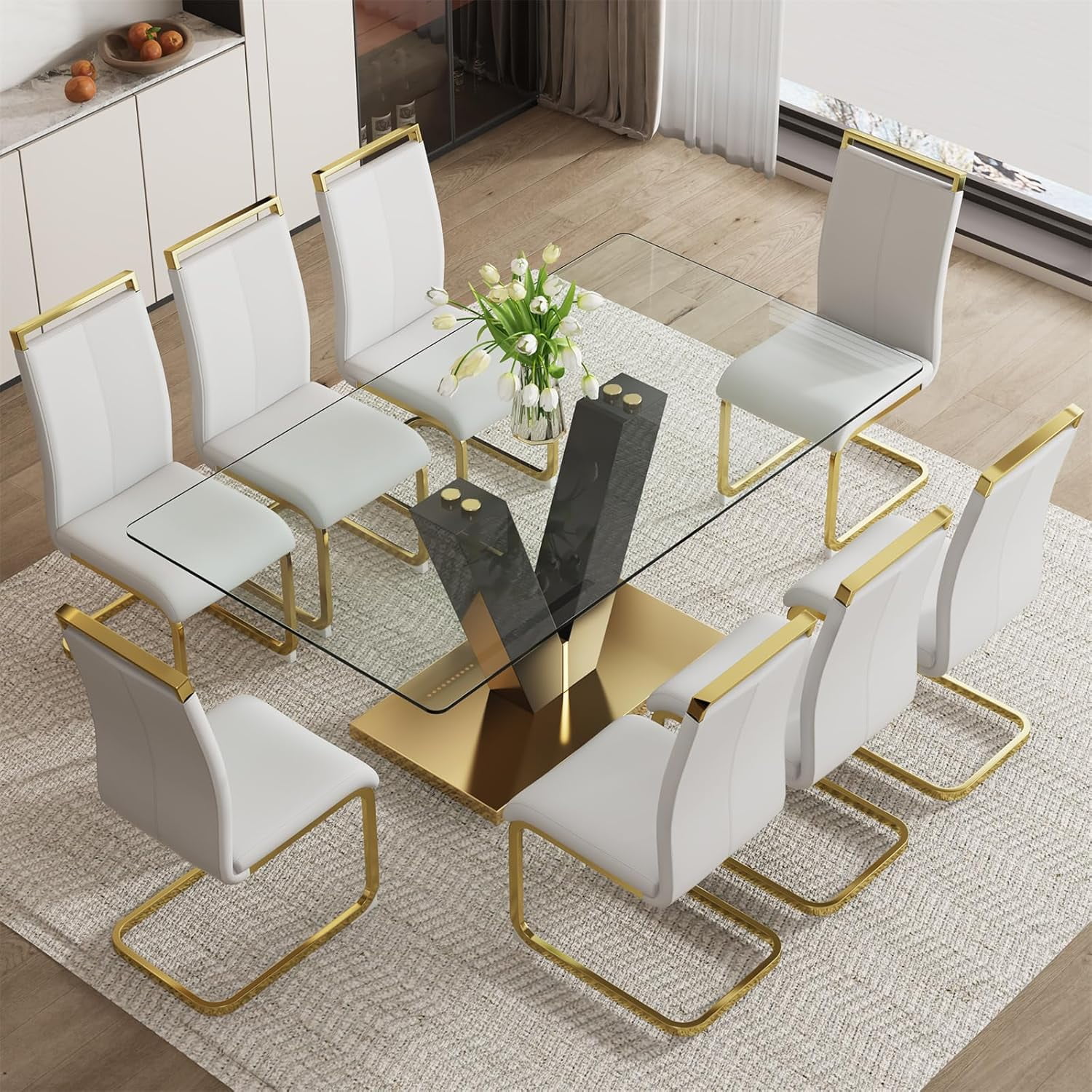 Glass Dining Table Set for 8 71" Dining Table Set for 8 Modern Dining ...