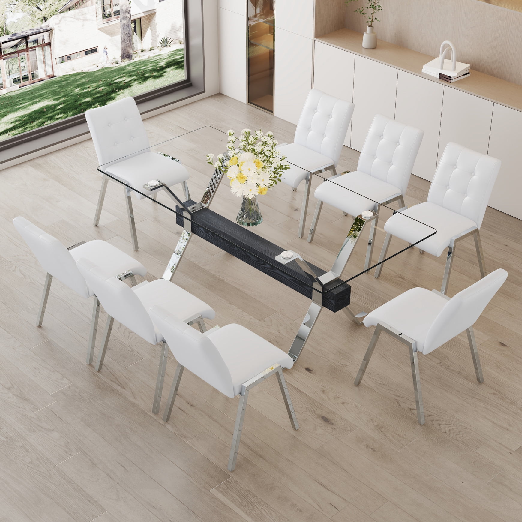 Glass Dining Table Set for 8, Table and Chair Set with 1 Table and 8 ...