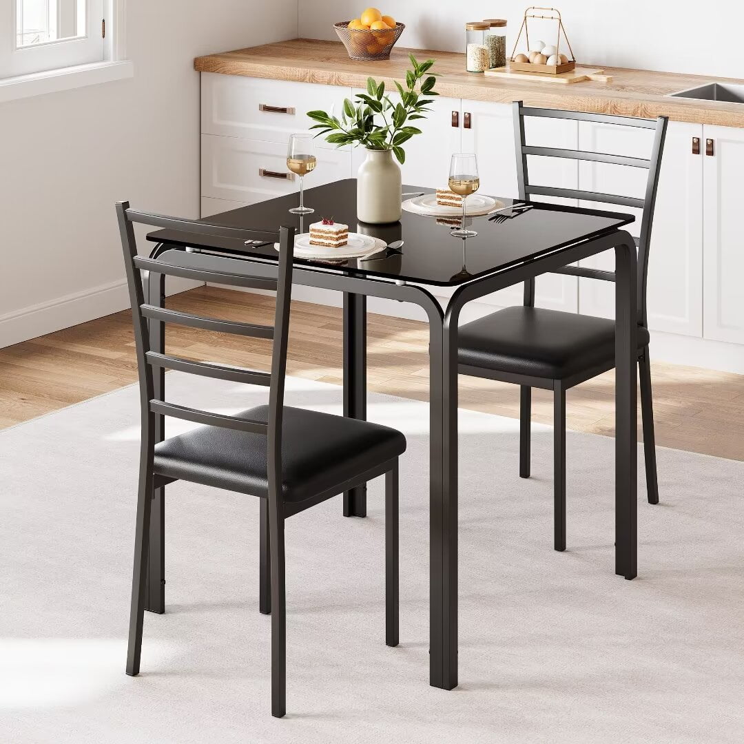 Glass Dining Table Set for 2 Square Dining Room Table Set with 2 Upholstered Chairs for Small Space Black