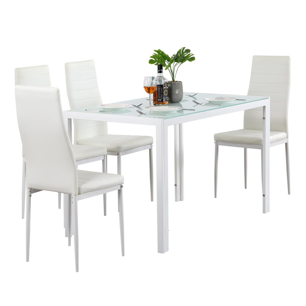 Glass Dining Table Set for 4, Rectangle Kitchen Table with 4 PU Dining ...