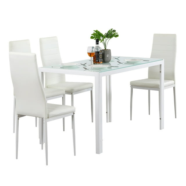 Glass Dining Table Set for 4, Rectangle Kitchen Table with 4 PU Dining