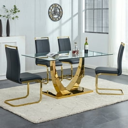 63 rectangele Glass Dining Table Sets for 6 Modern Dining Table with Golden base and 6 Golden Leg PU Chairs Room Set for Kitchen Dining Room Living room Glass table and Gray Chairs Walmart