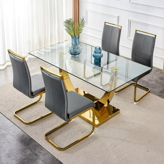 SUDICA Glass Dining Table Set for 4, 63" Rectangular Tempered Glass Table with Gray PU Leather Chairs, Gold Metal Legs for Dining Room