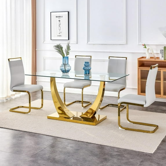 Glass Dining Table Set for 4, Sudica 63"Rectangular Dining Room Table and Leather Dining Chairs Set with Chrome Gold Legs, Light Gray