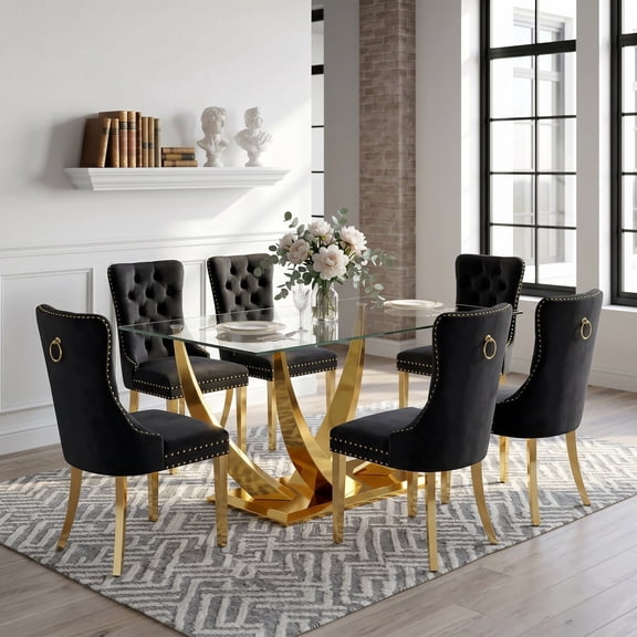 Glass Dining Table Set for 6, 63" Table with V-Shaped Metal Base with 6 Velvet Chairs, Modern Style for Kitchen, Living Room