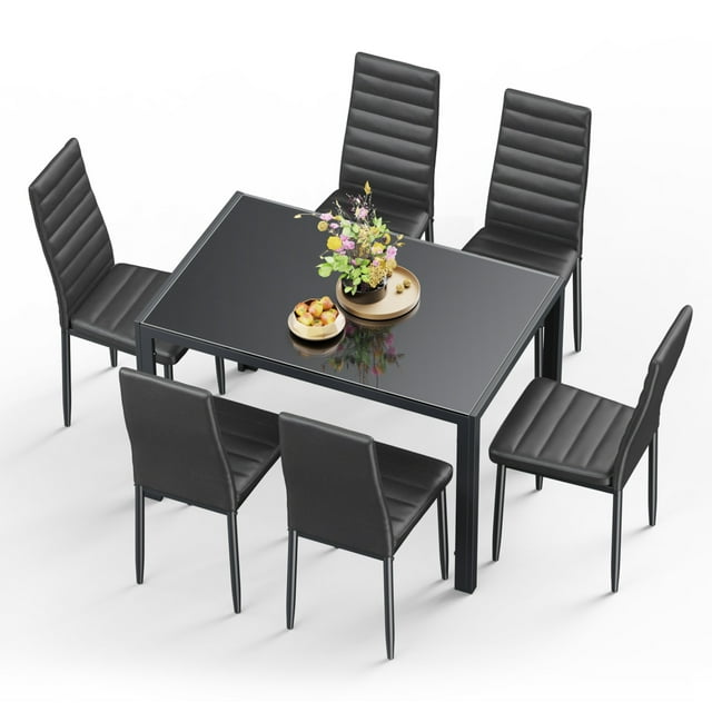 Lofka Rectangular Glass Dining Table Set for 6, PU Leather Kitchen