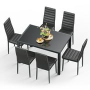 Glass Dining Table Set for 6 People, PU Leather Kitchen Table with 6 Chairs, Black
