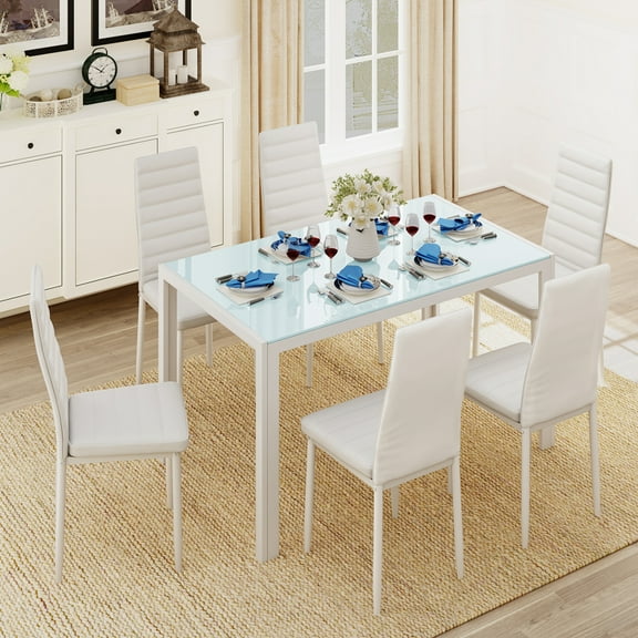 Glass Dining Table Set for 6 People, PU Leather Kitchen Table with 6 Chairs, White
