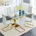 thumbnail image 1 of Glass Dining Table Set for 6, Sudica 63"Rectangular Dining Room Table and Leather Dining Chairs Set with Chrome Gold Legs, Light Gray, 1 of 7