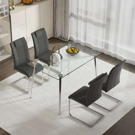 Glass Dining Table Set with 4 Grey Chairs - 51" Modern Kitchen Table & Chairs, PU Seats, Metal Legs, for Dining Room, Easy Assembly