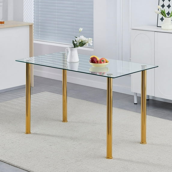 Glass Dining Table for 4, 47.2" Modern Clear Tempered Glass top Dining Room Table with Gold Legs for Kitchen, Small Space