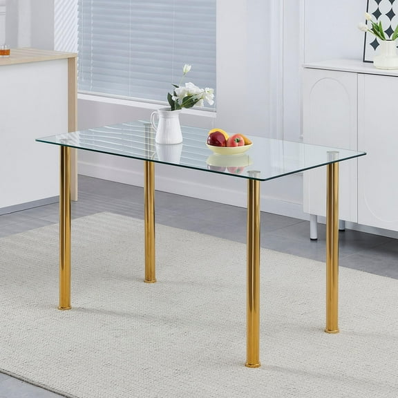 Glass Dining Table for 4, 47.2" Modern Clear Tempered Glass top Dining Room Table with Gold Legs for Kitchen, Small Space