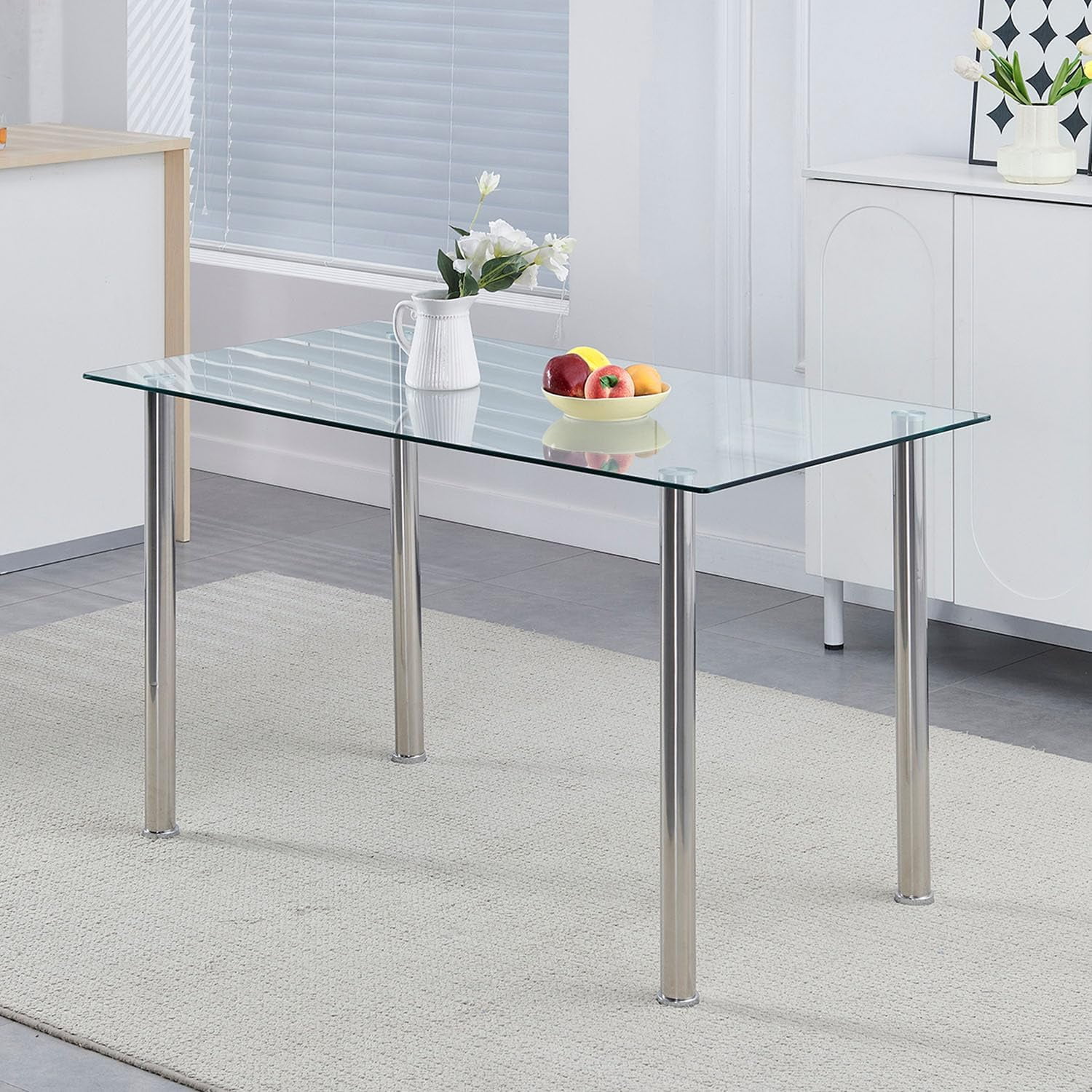 Glass Dining Table for 4, Modern 47" Clear Table with Chrome Silver ...