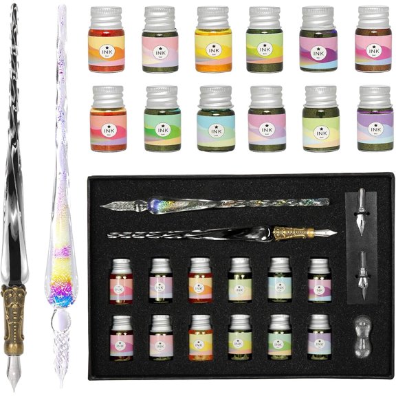 Glass Dip Ink Pen Calligraphy Set - 17 Pcs Kit with Rainbow Crystal Retro Carving Glass Pen 2 Replacement Nibs 12 Inks for Signatures Gift Cards Writing Calligraphy Beginners