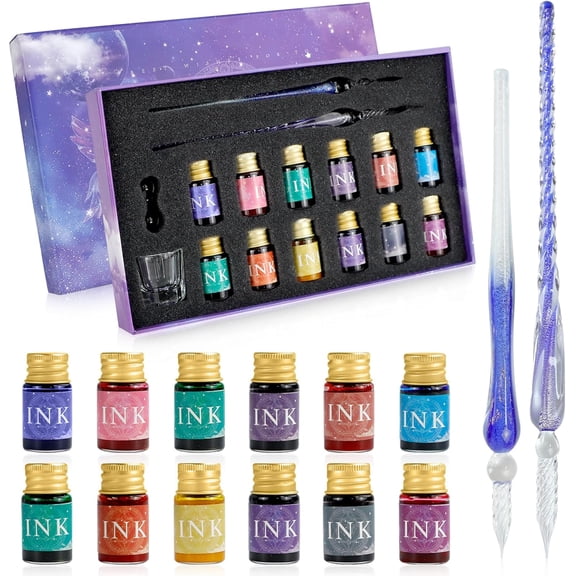 Glass Dip Pen Ink Set, 16pcs Fountain Calligraphy Pens Set, 2 Crystal Signature Glass Pen, 12 Gold Powder Drawing Ink Drip Tool for Art Writing Signatures Beginners Valentines Day Gift