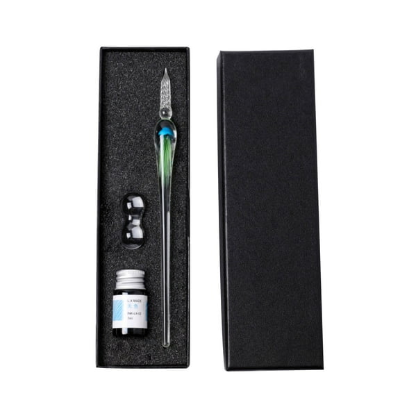 Glass Dip Pen Ink Set, Colored Ink Glass Pen Handmade Crystal Calligraphy Pen for Writing, Includes Pen Holder, Jellyfish Style, Signature Pen Calligraphy Kits for Beginners, Sky Blue Green, Set of 3