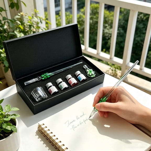 Glass Dip Pen Set with Multiple Ink Bottles, Pen Stand and Rinse Cup for Calligraphy, Journaling and Gift Giving