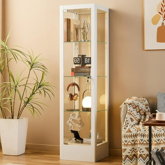 Glass Display Cabinet with 12 Color Lights and Lock, 4-Tier Curio Cabinet with Tempered Glass Door, Adjustable Shelves, 63" Metal Display Case for Collectibles Living Room, White