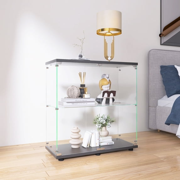 Glass Display Cabinet with 2 Shelves and 2 Doors, Freestanding Curio Storage Cabinet with Fixing Device and Adjustable Feet, Hand-Made Display Rack with 40LBS/Shelf for Bedroom, Living Room, Black