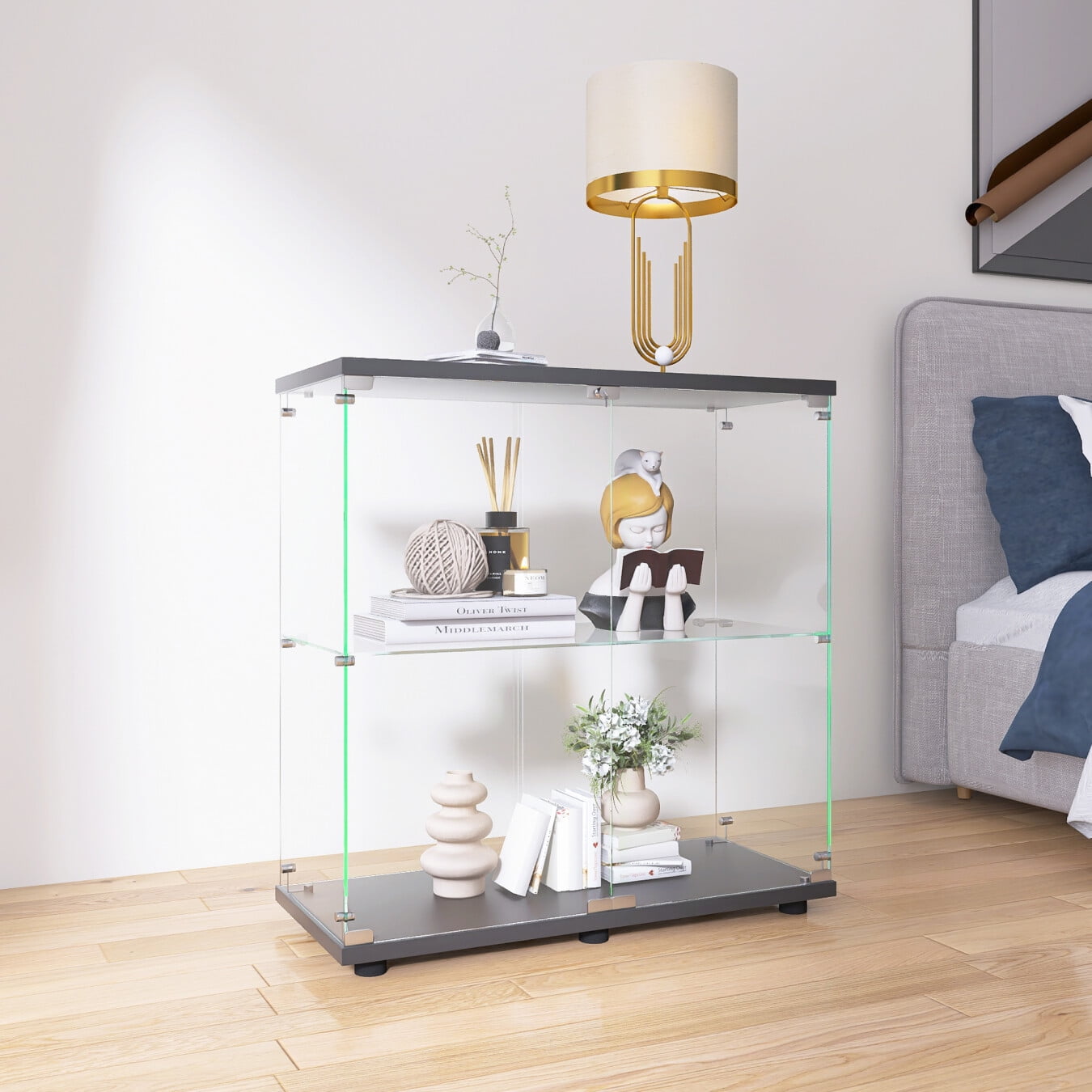 Black Glass Two-Shelf Display Cabinet with Doors