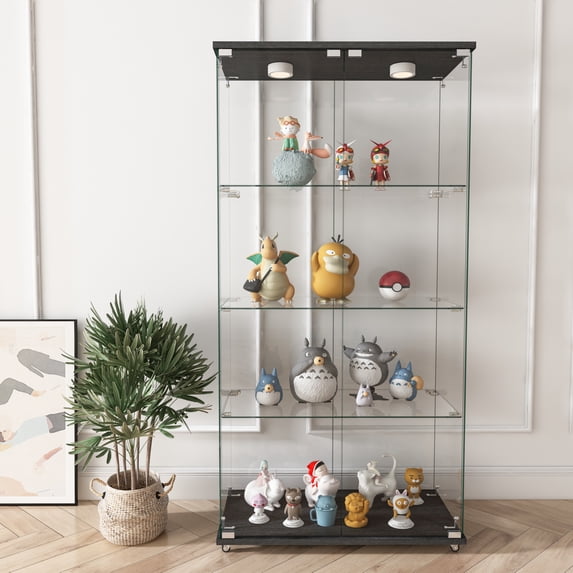 Glass Display Cabinet with 3 Color Lights, Glass Display Cases for Collectibles Suitable for Living Room and Bedrooms, 2-door 4-shelf 64.25""(H) x 32.09""(L) x 14.37""(W) inches