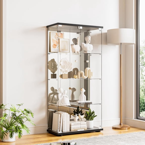 Glass Display Cabinet 4-Shelf with Door, Lock and Mirror,4mm Tempered Glass Floor-to-Ceiling Glass Bookcase for Bedroom, Living Room, Black