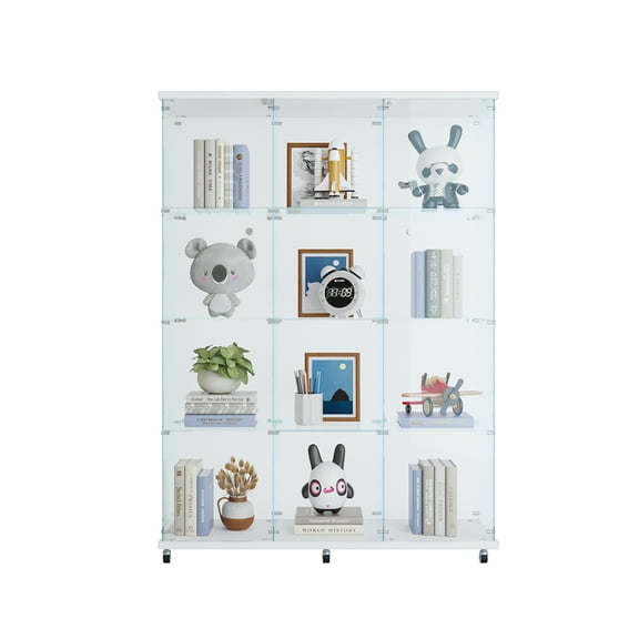 Glass Display Cabinet with 4 Shelves Extra Large, Curio Cabinets for Living Room, Bedroom, Office, Black Floor Standing Glass Bookshelf, Quick Installation