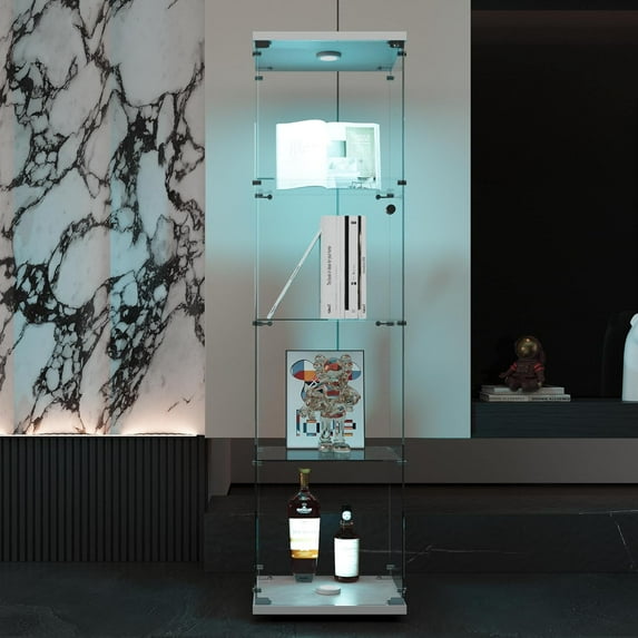 Glass Display Cabinet, 4 Shelves with LED Light and Lock, Bookshelf Curio Cabinets Upgraded Quick-Install Style Tempered Glass Floor Standing Bookshelf (White, 4 Shelf & 1 Door -LED)