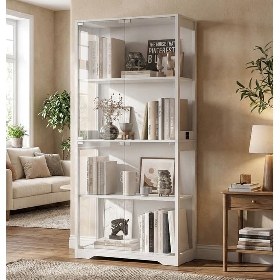 Glass Display Cabinet 4-Tier, Curio Bookcase Cabinets with Glass Doors, 3 Color Lights, Human Body Sensor & Charging Ports, for Living Room, Bedroom, Home Office