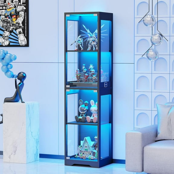 Glass Display Cabinet, 4-Tier Curio Cabinets with 3 Color Lights for Collectibles, Storage Cabinet with Door, Glass Display Case & Bookcase with Human Body Sensor, Black