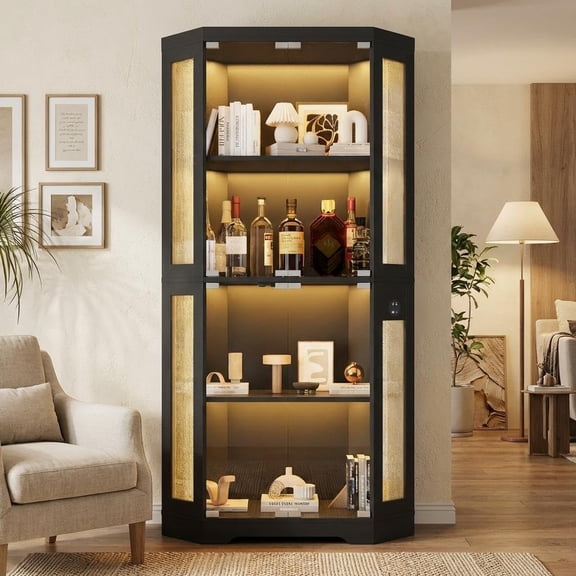 Glass Display Cabinet with 4-Tier Shelving & 3-Color LED Lights, Corner Curio Cabinet with Motion Sensor & Charging Ports, Storage Bookcase for Collectibles in Living Room