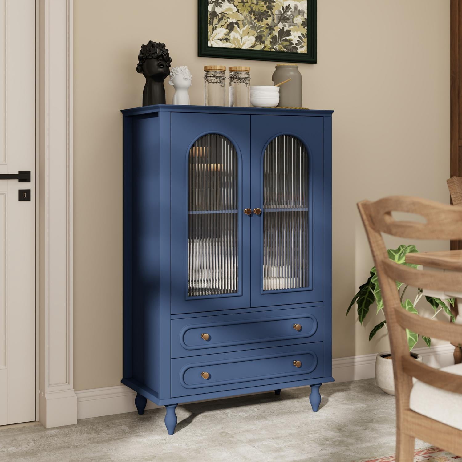 Glass Display Cabinet 46.5-Inch with Ribbed Glass Doors and 2 Drawers, Wooden Curio Cabinet and Buffet Sideboard for Living Room Dining Room, Navy Blue