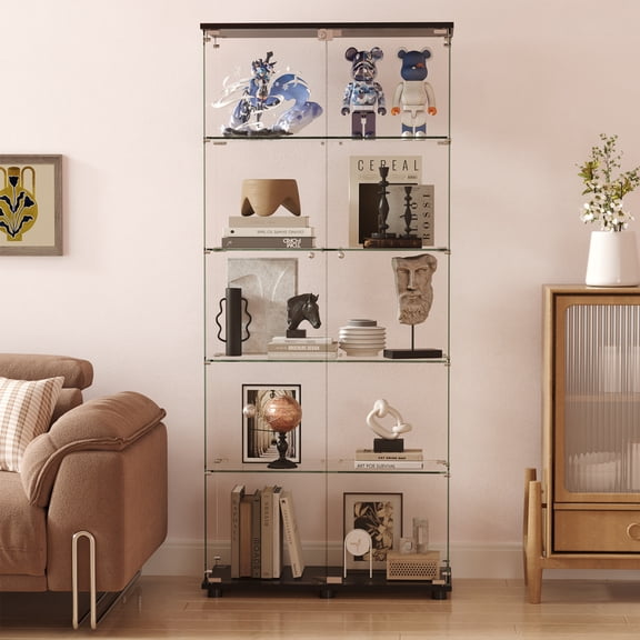 Glass Display Cabinet with 5 Shelf Double Doors and Lock, Tempered Glass Floor Standing Bookcase for Living Room Bedroom Office, 72 x 32 x 14 in, Black