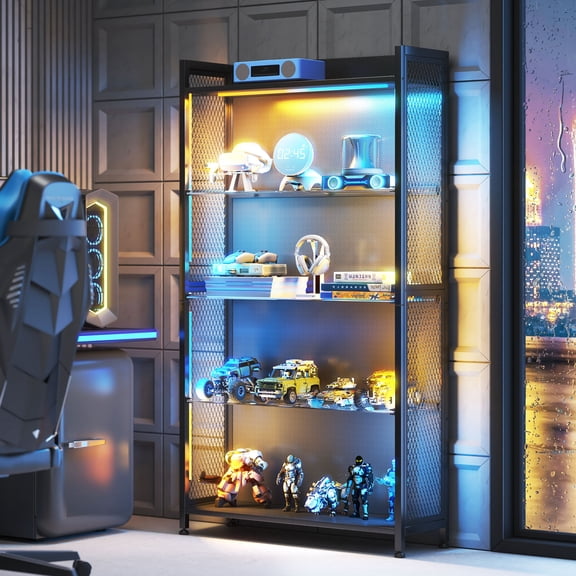 LED Glass Curio Cabinet for Gaming Room, RGB Lighted Display Cabinet with 4+1 Shelves, 5-Strip LED with Controller, Display Case for Figures, Gamepads & Collectibles, Black