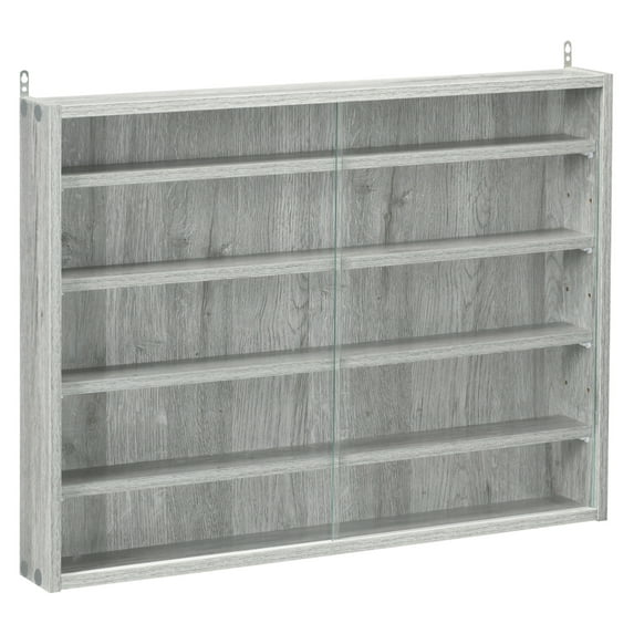 Glass Display Cabinet, 5-Tier Wall Mounted Case - Grey Finish - Adjustable Shelves & 2 Doors - Collectibles, Medals, Figures Showcase