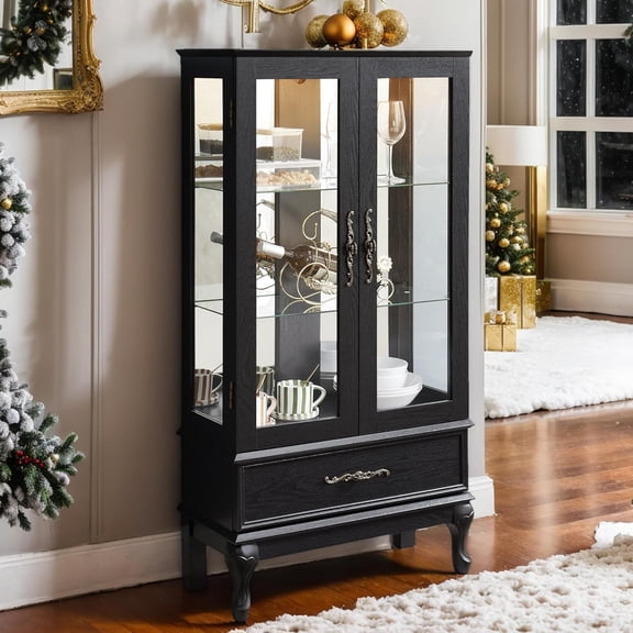 Glass Display Cabinet, 52" H Curio Cabinet with Adjustable Shelves and Mirrored Back Panel, Wooden China Cabinet with Light Bulb, Rack for Living Room Storage (Black)