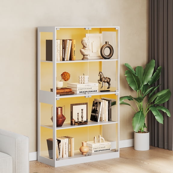 Glass Display Cabinet with Doors, 4-Tier Curio Display Case with 3-Color LED Lights, USB & Type-C Charging Ports, Motion Sensor Storage Shelf for Collectibles