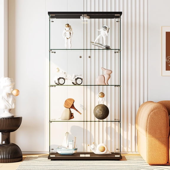 GARVEE Curio Display Cabinet, Tempered Glass, LED Light, 4 Shelves, 2 Door, Lock, Black, 64 x 31.7 x 14.3 in