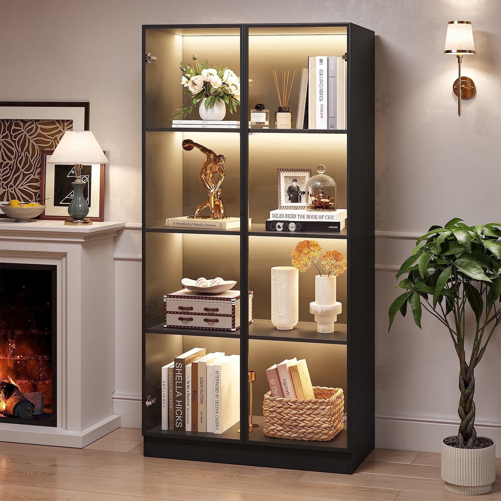 Glass Display Cabinet with LED Lights – 4-Tier Curio Cabinet with 2 ...