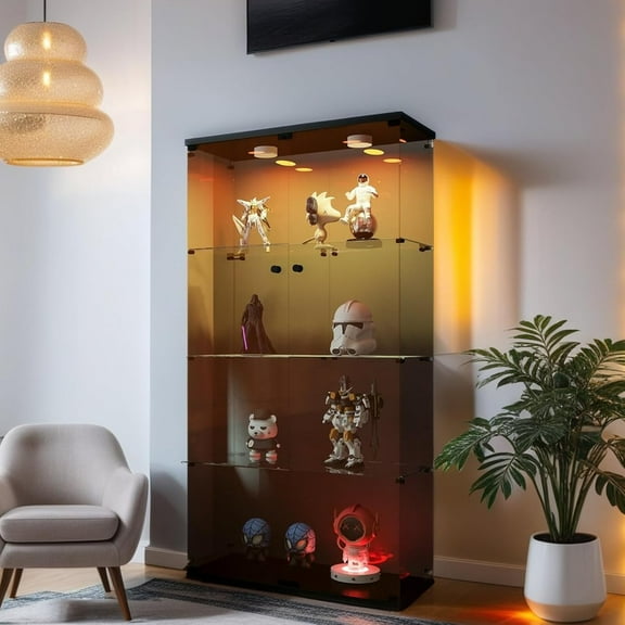 Glass Display Cabinet with Lights and Lock, 4-Tier Display Case Curio Cabinet with Glass Door, Floor Standing Showcase for Living Room Bedroom Home Office 31" W x 14.3" D x 64.5" H