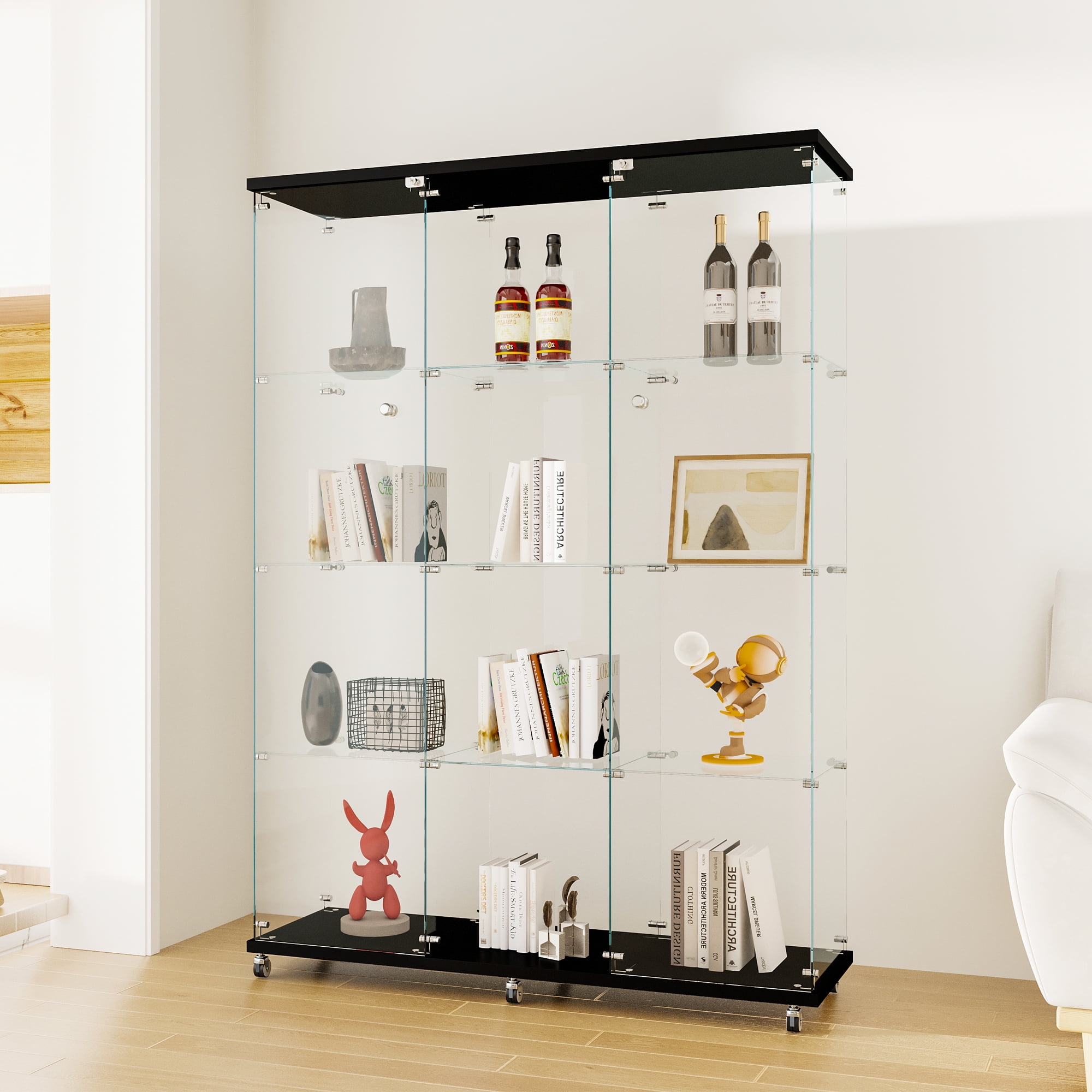 Glass Display With 4 Shelves,Floor Standing Bookshelf Curio