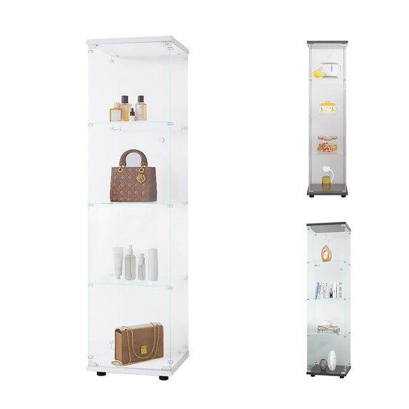 Glass Display Cabinet With Lockable Doors 4 Shelves Floor Standing Storage Case For Home Living Room Bedroom Exhibition Hall Office