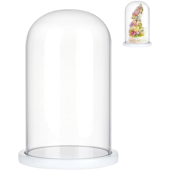Glass Display Cloche Dome Decorative Glass Dome Cover Clear Bell Jar Display Case with White Wood Base DIY