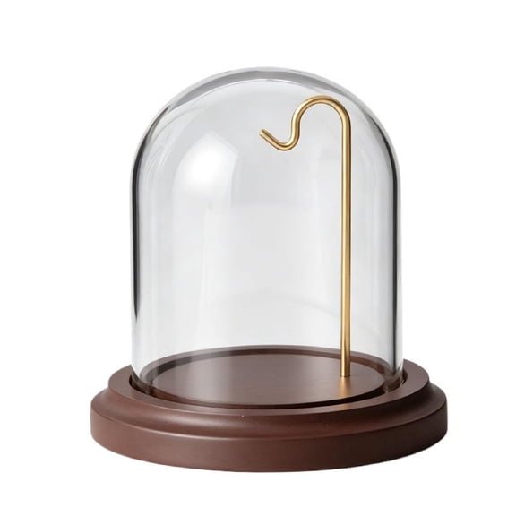 Glass Display Dome with Wood Base and Alloy Hook, Pocket Watch Display Case, Dustproof Decorative Display Stand for Collectibles and Keepsakes