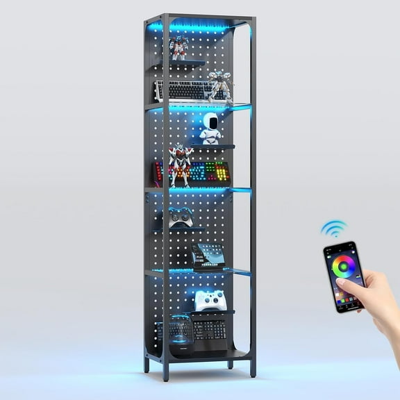 Glass Display Shelf for Collectibles, LED Black Shelf, Curio Cabinet, Lighted Tall Narrow Shelf with Pegboard Steel Frame for Gaming Room, Floor Lamp with Shelf, Living Room, Bedroom, Small