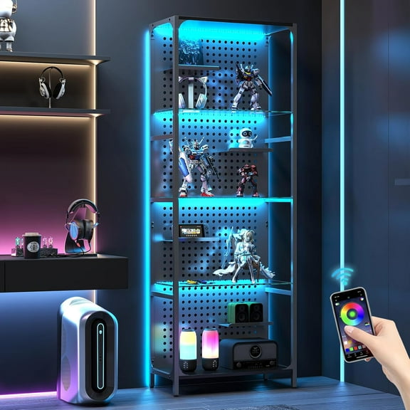 Glass Display Shelf for Collectibles, LED Black Shelf, Curio Cabinet, Lighted Tall Narrow Shelf with Pegboard Steel Frame for Gaming Room, Floor Lamp with Shelves, Living Room, Bedroom, Large